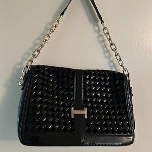 NWOT Cole Haan Black Leather Woven Short Gold Chain Strap Shoulder Bag Purse